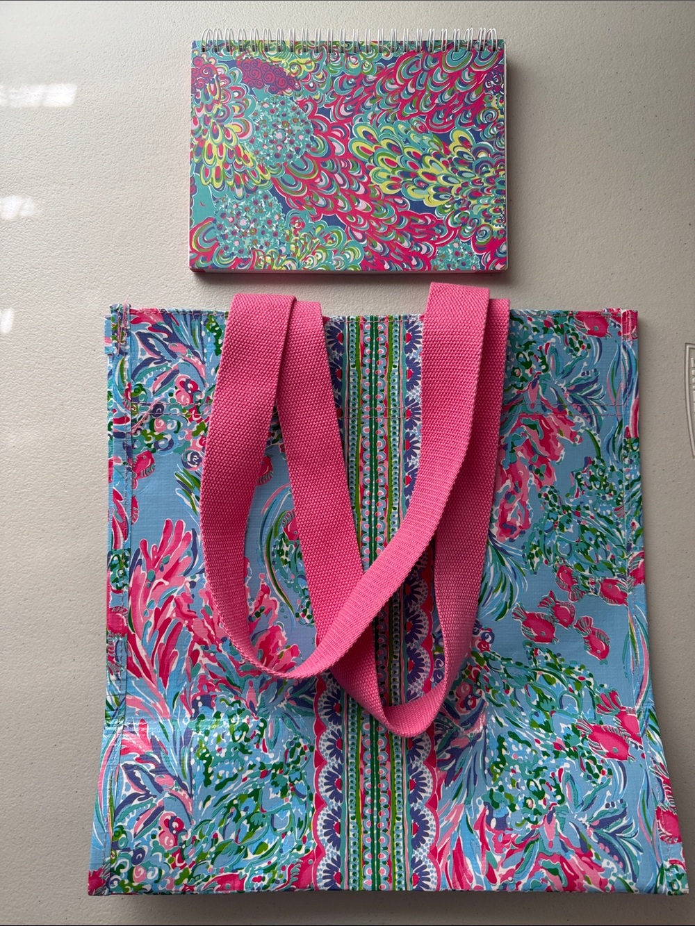 Lilly Pulitzer Blue Floral Tote with Pink Handles and Colorful Notebook